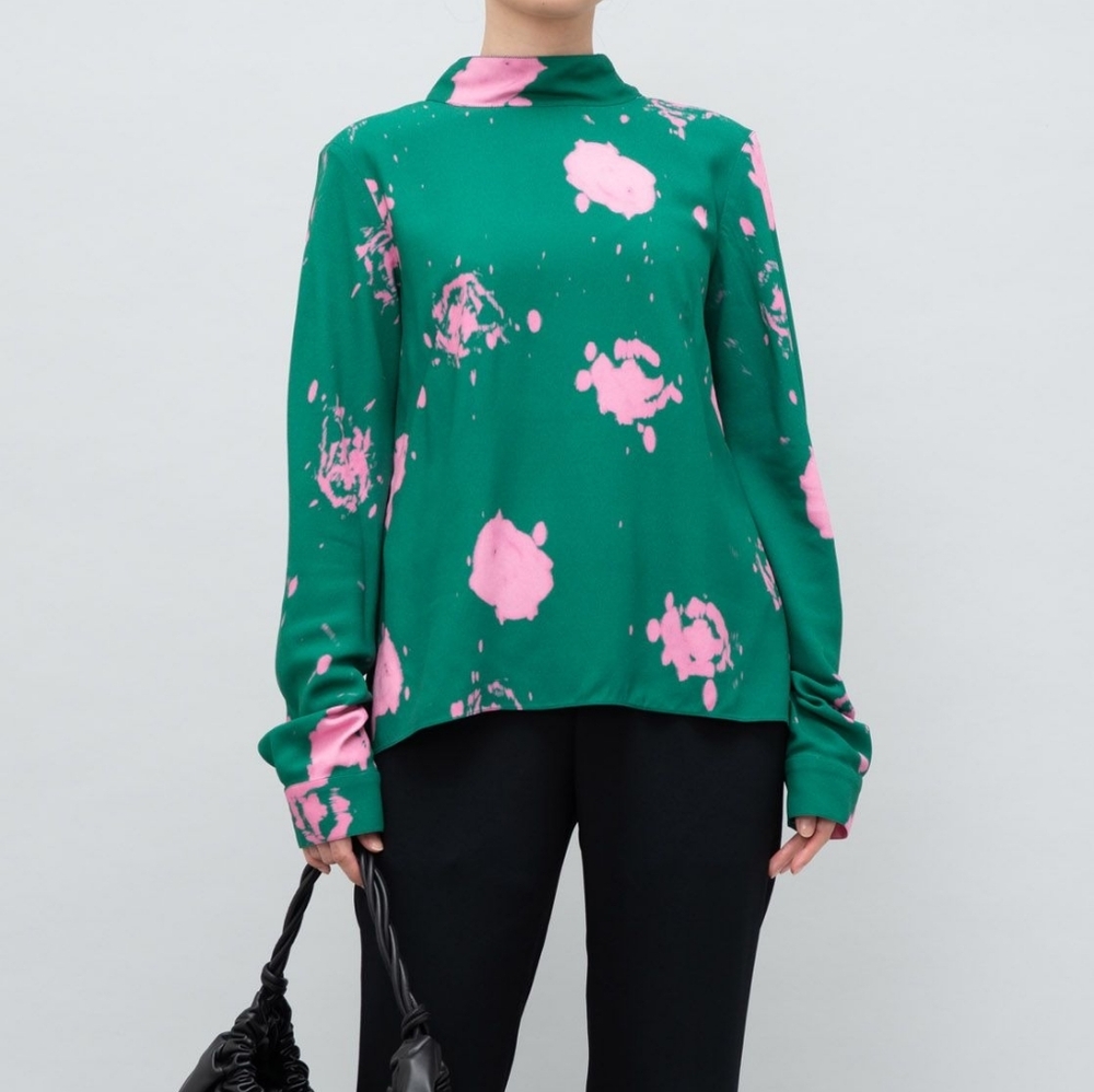 Marni Women's Green Pink Floral Splatter Tie Neck Top Shirt Blouse Size 40